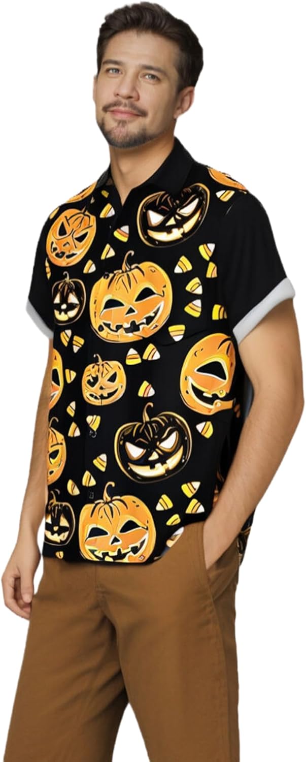 Mens Halloween Shirt Pumpkin Printed Hawaiian Bowling Short Sleeve Casual Button Down Holiday Shirts - Image 4