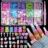 CESUSME 3D Bear Candy Nail Charms, Assorted Color Lollipop Flower Butterfly Chams for Acrylic Nails, Cute Bow Heart Cartoon Nail Art Charms for Nail Art DIY Accessories