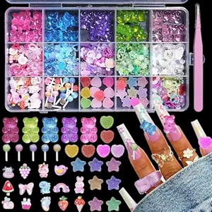 CESUSME 3D Bear Candy Nail Charms, Assorted Color Lollipop Flower Butterfly Chams for Acrylic Nails, Cute Bow Heart Cartoon Nail Art Charms for Nail Art DIY Accessories