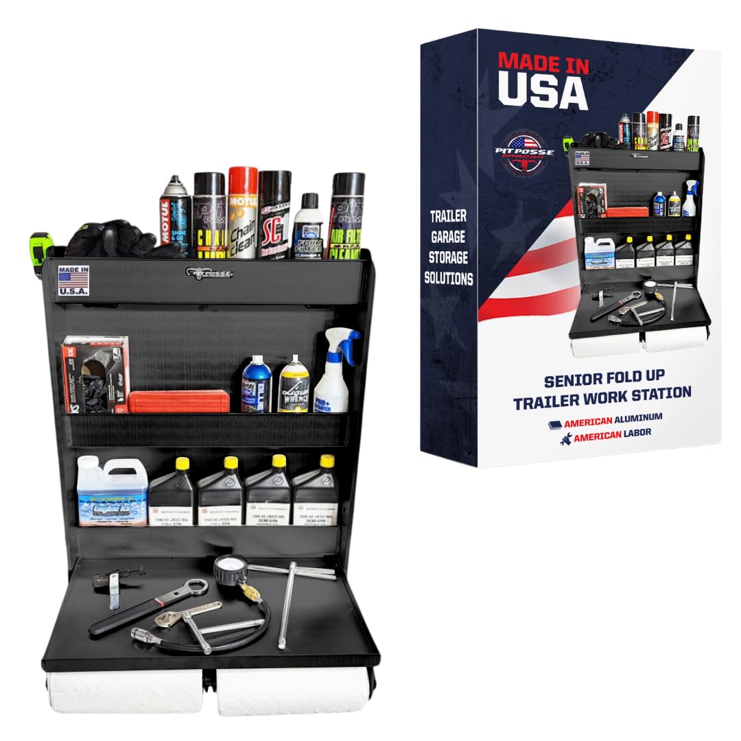 Pit Posse 445BK Trailer Door Cabinet Organizer Senior Work Station Storage - Made in USA - Flip Out Work Tray Spring Loaded Paper Towel Tensioner Aluminum Garage Bike Trailer Shop 25 x 6 x 30 (Black)