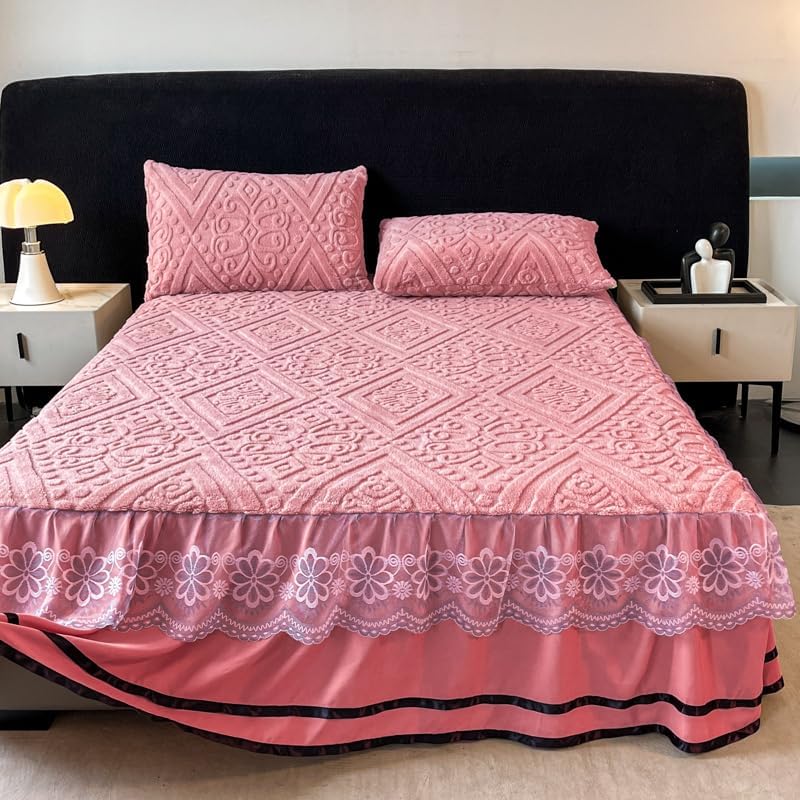 Velvet Quilted Bedspread Set with Embroidered Lace Ruffle - Floral Pattern 3-Piece All-Season Bedding Includes Bed Cover And 2 Pillowcases, Lightweight Breathable Home Decor (rose red,Super King)