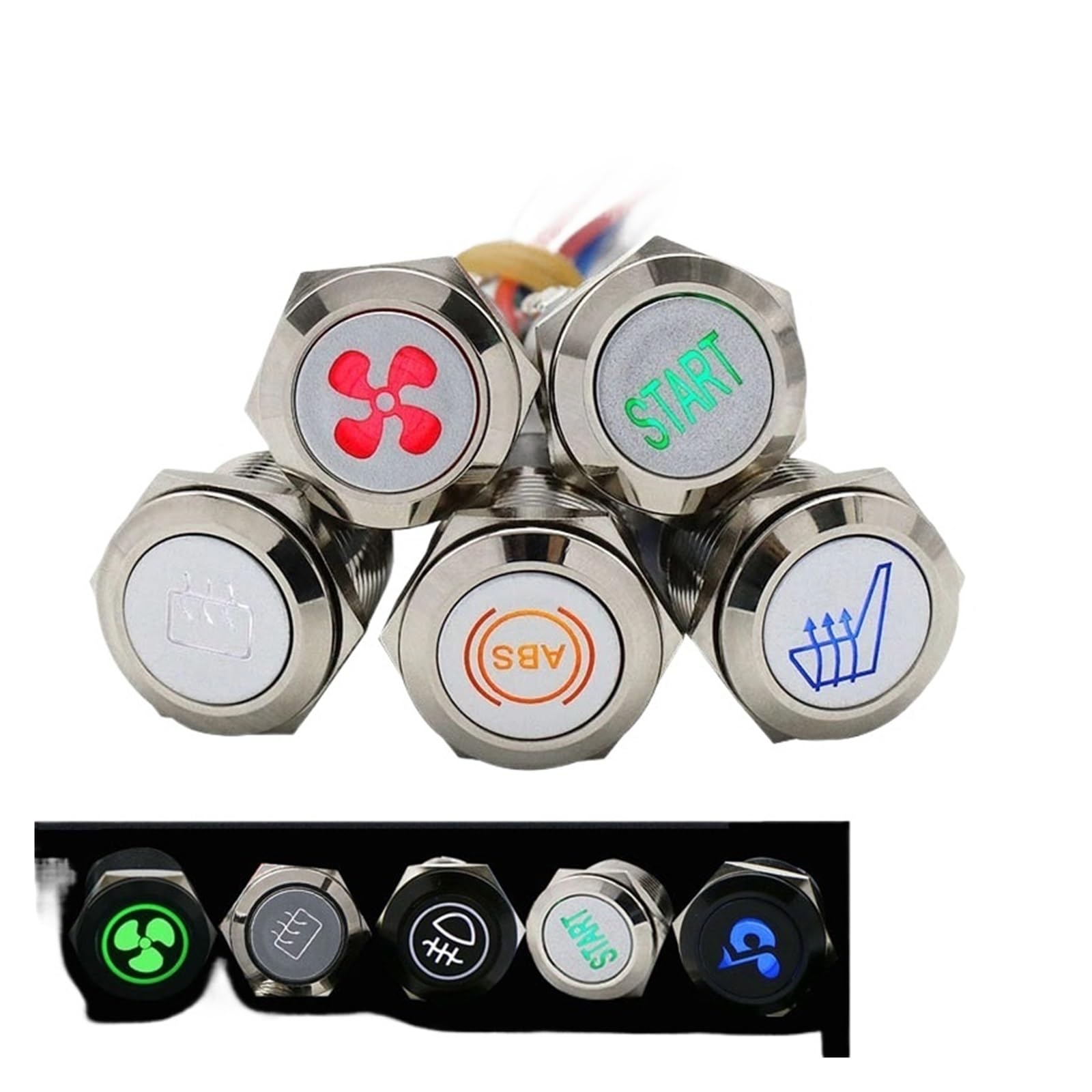 Interrupteur bouton 16mm étanche métal chromé signal LED blanc voiture 12V