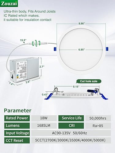 Vista 30 de zouzai - 12 luces LED empotrables ultrafinas de 4 pulgadas 6000K con caja de conexiones, 9 W, 810LM regulable, alto brillo Ra>85, certificado ETL