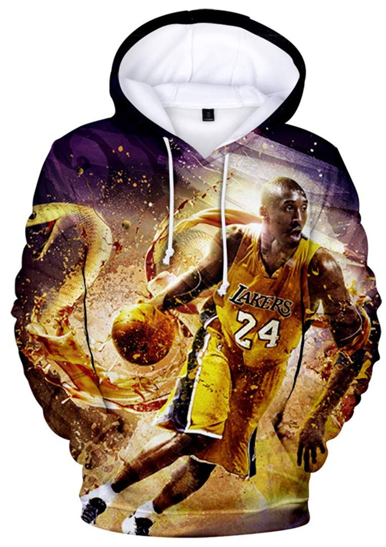 Silver BasicMens Long Sleeve Hoodie 3D Print Basketball Game Jumper Loose Sportswear Jersey 24 Sweatshirt with Drawstring