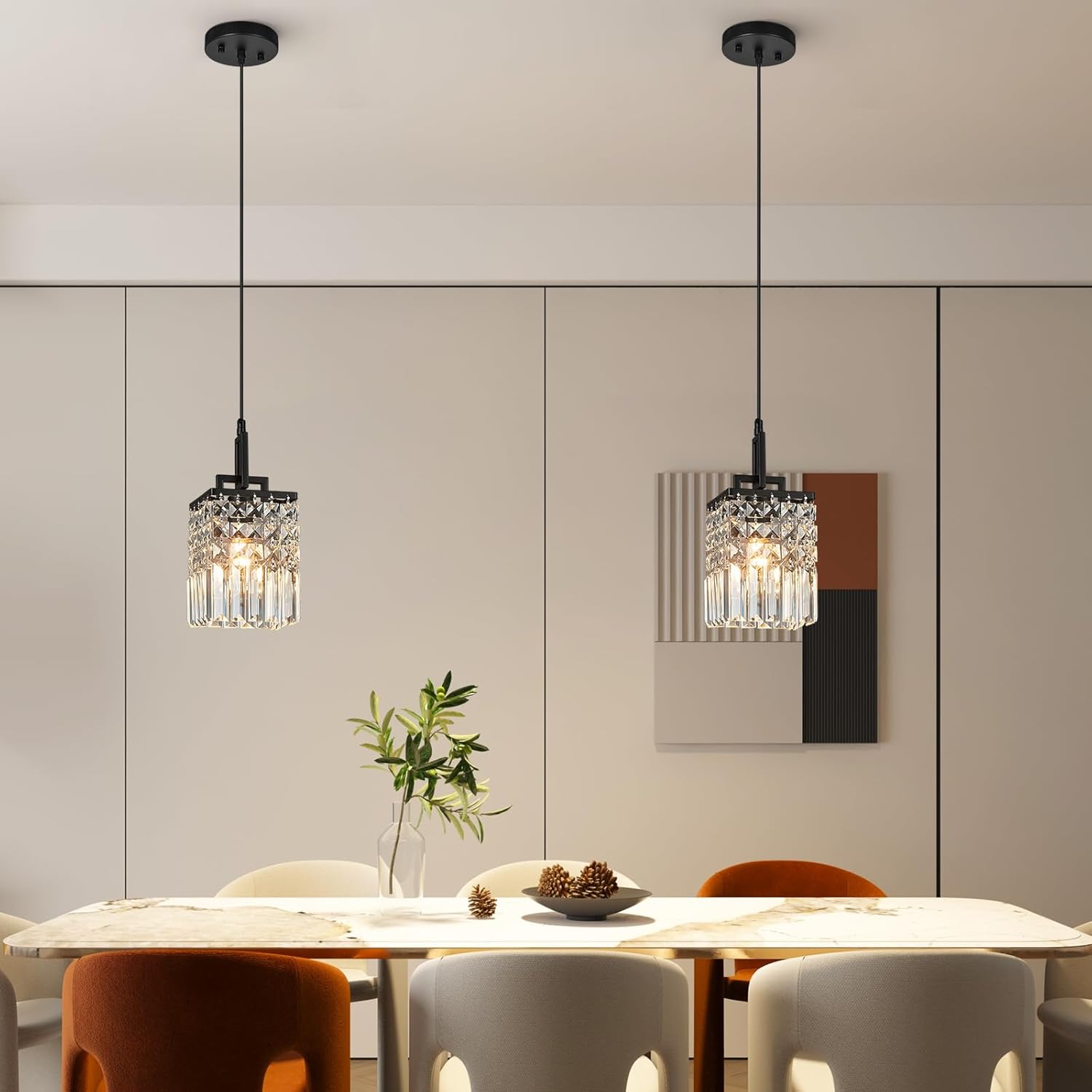 Modern Crystal Pendant Light Kitchen Island Farmhouse Lamp Adjustable Height Hanging Lighting Square Black Chandelier Suitable for Kitchen Island Dining Room and Bedroom(2Pack)