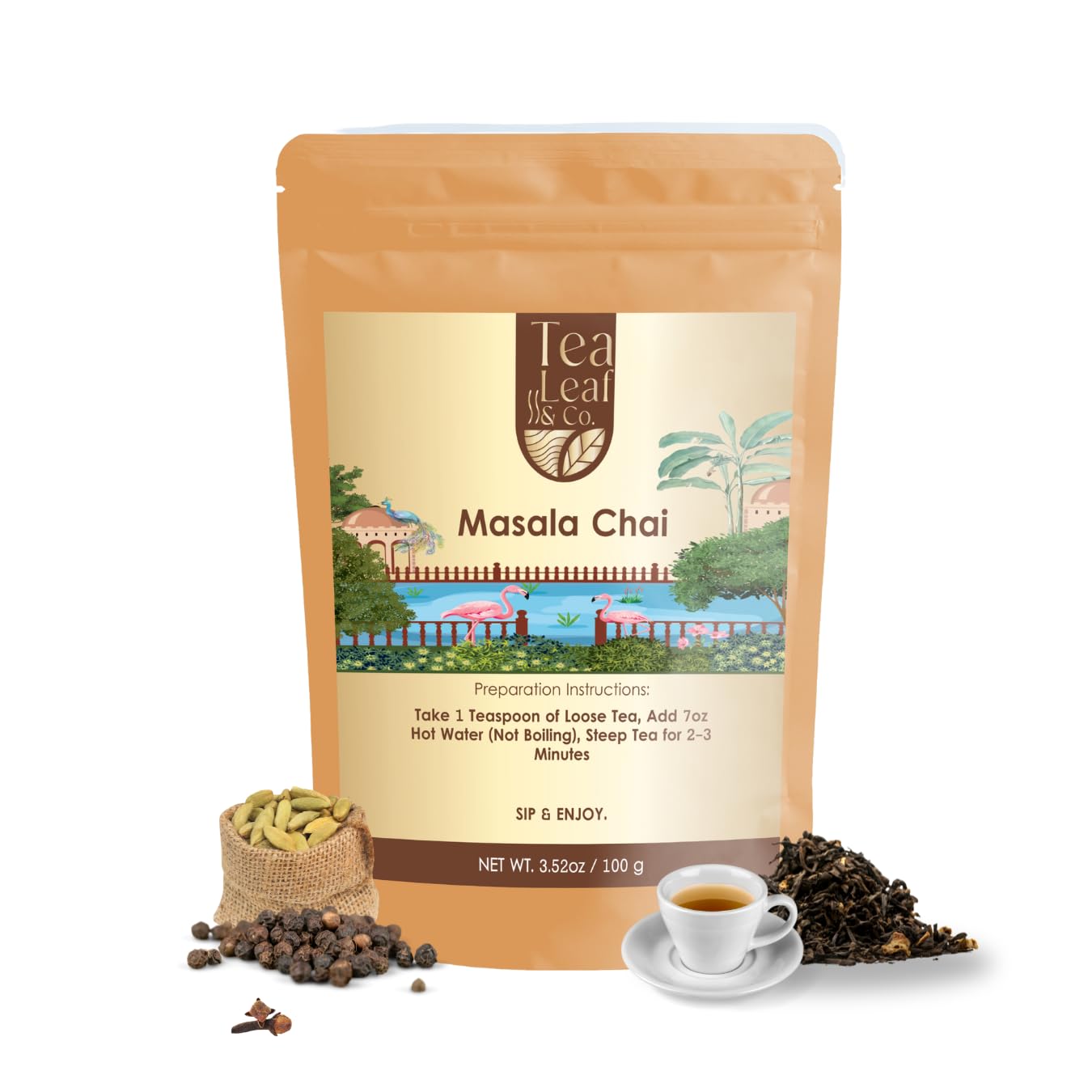 Tealeaf & Co. Masala Chai - Loose Leaf Black Tea Blended with Organic Spices (Ginger, Cardamom, Black Pepper & Cloves Whole Organic) - Low Caffeine (