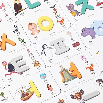 SSol & Sam Korean Alphabet Learning Toys Hangul Learn Korean for Kids, Animal Pattern, Matching Puzzle with Wooden Letters in Pastel Colors and Flash Cards Hangul