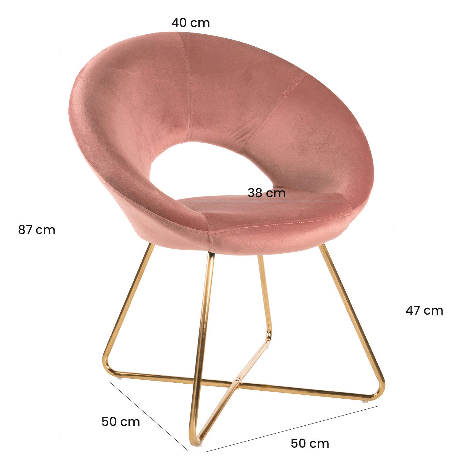 MONTEMAGGI Samt Sessel mit goldenen Beinen, kreisförmig, Bürosessel, Wohnzimmersessel, ergonomische Sitzen, 71 x 59 x 84 cm - Puderrosa