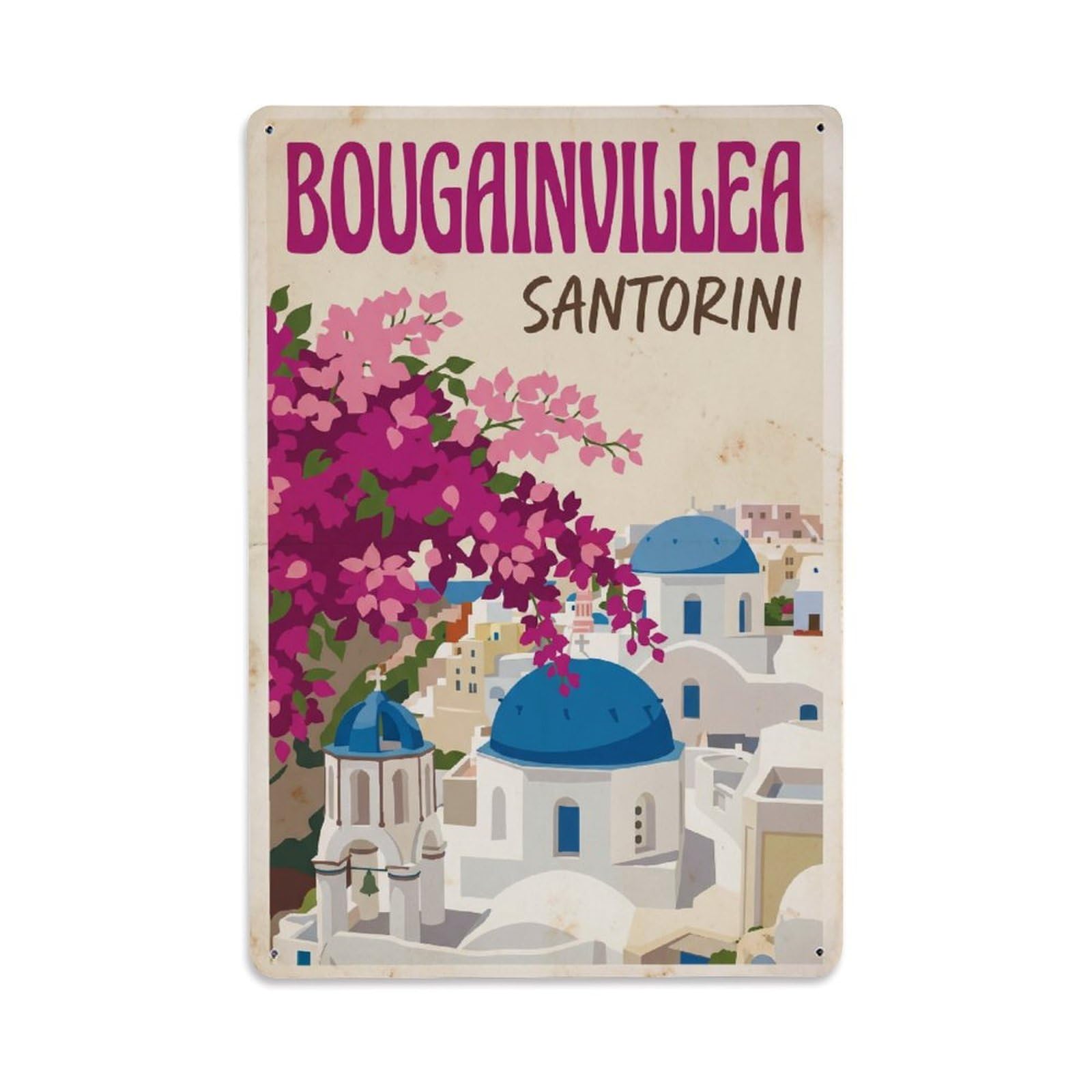 Este 8X12inch Style Vintage Travel Santorini Bougainvillea Metal Tin Sign