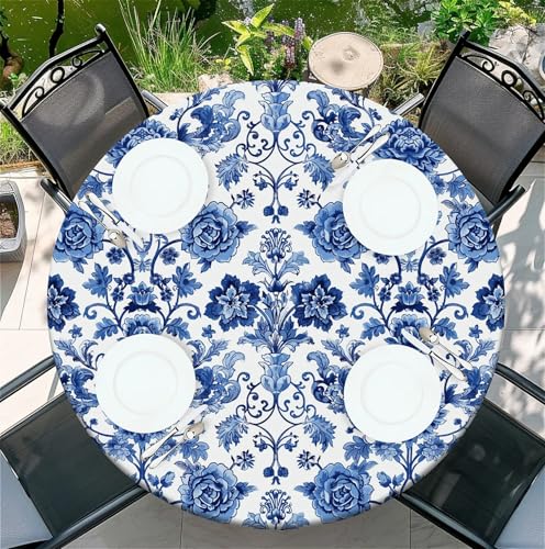 Round Fitted Tablecloth with Elastic Edge, Waterproof Stain Resistant Fabric Table Cover for 32"-36" Round Table, Indoor Outdoor Dining, Kitchen Decor, Camping, Party, Holiday, Blue Floral by Generic - Used condition - Image 6