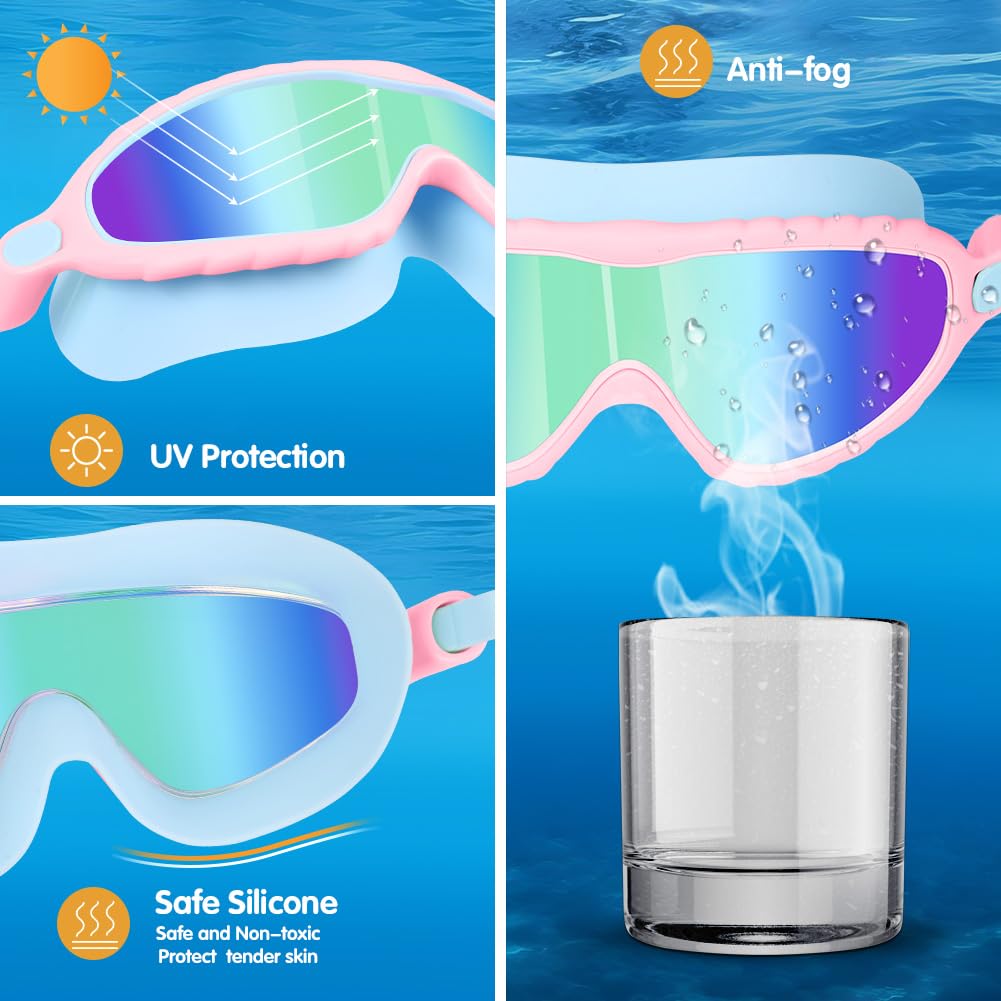 DiULi Gafas de Natación Niños, Unisex Gafas de Natación para Piscinas Cubiertas Infantiles, Doble Banda Elástica, Ajuste Cómodo, Antivaho, Visión Clara, con Estuche Tapones para Los Oídos y Clip Nasal