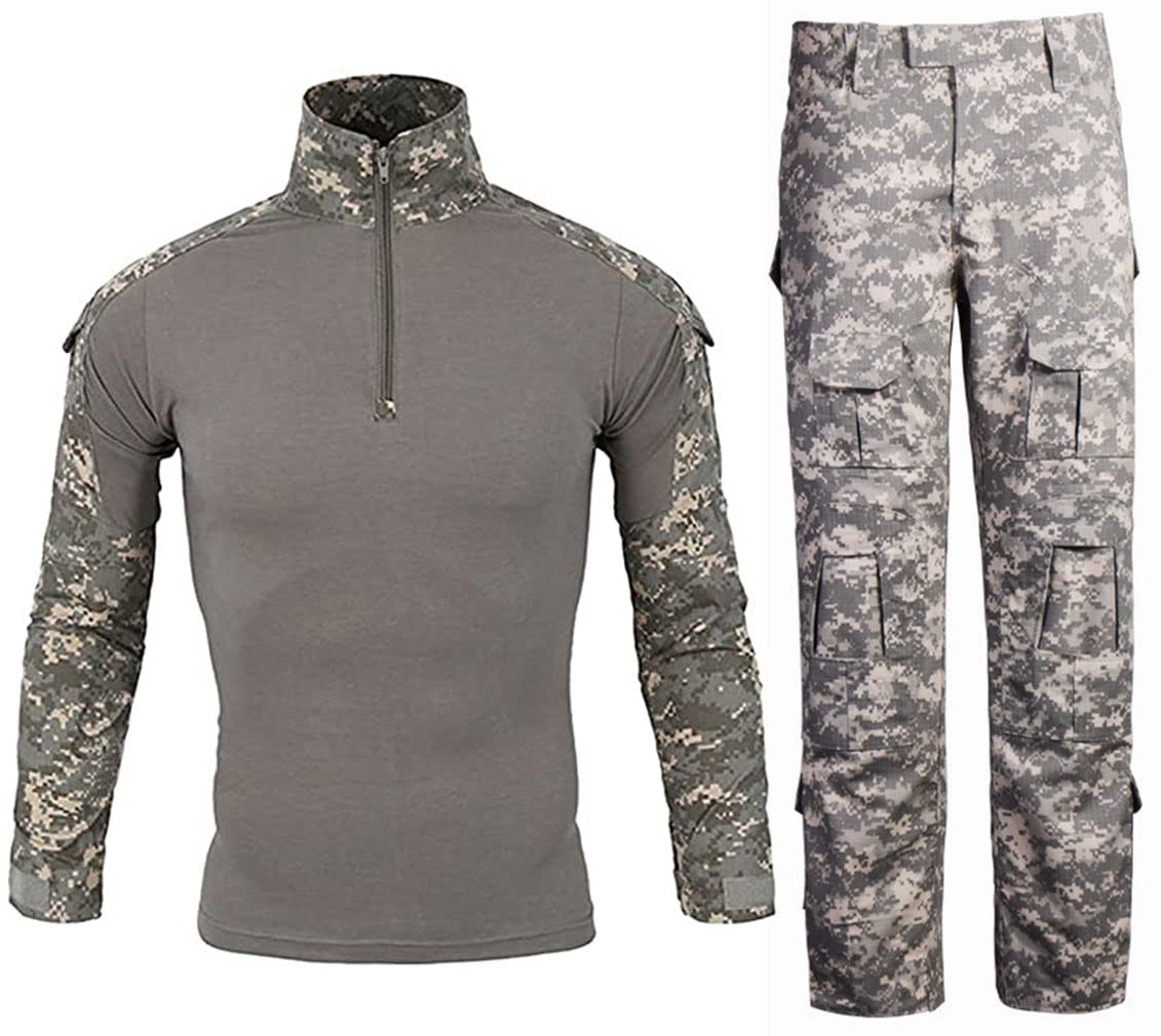 Uugood Men's Acu Military T-Shirt Trouser Combat Shirt Suits Camouflage Long Sleeve Uniform Sets Tactical Shirt Suits For Airsoft Paintball Hunting, S