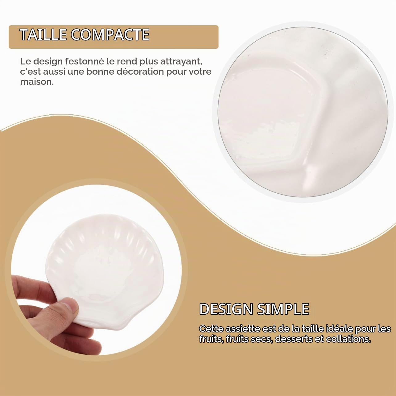 Assiette à Goûter en Céramique 6Pcs, Plat Coquille Blanc