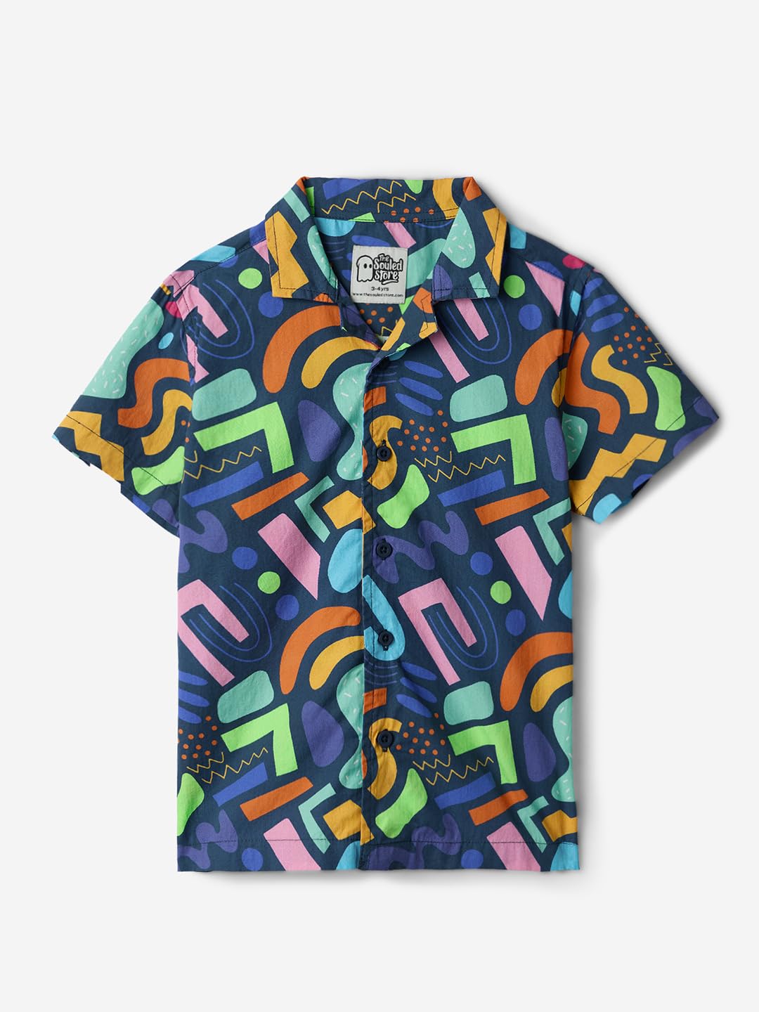 The Souled Store Zig-Zag Boys Short Sleeves Collared Neck Button Front Blue All Over Printed Regular Fit Cotton Shirts (2-8 Yrs)