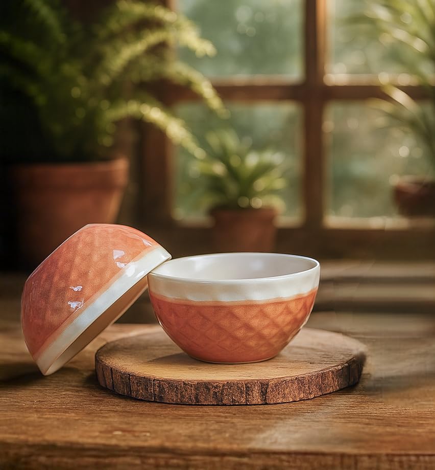 IZZYLYF 'Royal Pink' Ceramic Snack Bowl Set of 2 (450 ml Each) | Microwave & Dishwasher Safe Bowl Set for Party, Dinner Table & Gifting | Stylish & Fancy Design Bowl Set for Snacks, Desserts & Salads