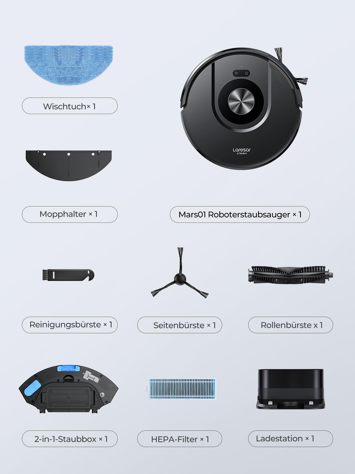 Laresar Clean 8000Pa Saugroboter mit Wischfunktion, 3 in 1 Staubsauger Roboter mit Laser Navigation, Roboterstaubsauger mit APP Steuerung 180 Min Laufzeit, Ideal für Tierhaare, Teppiche und Hartböden