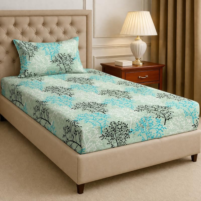 Image of Pure Cotton All Round Elastic Fitted Bedsheets with 1 Pillow Cover | Single Mattress Bed Breathable| Longlasting | Supersoft Size - 36 x 72 + 6 inches (Abstract, Color -Mint Aqua)