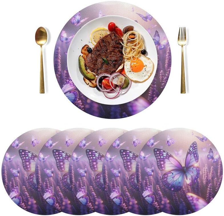 ODAWA Purple Butterflies Lavender Placemat Washable Round Table Mats Indoor/Outdoor Vinyl Place Mats for Dining Table