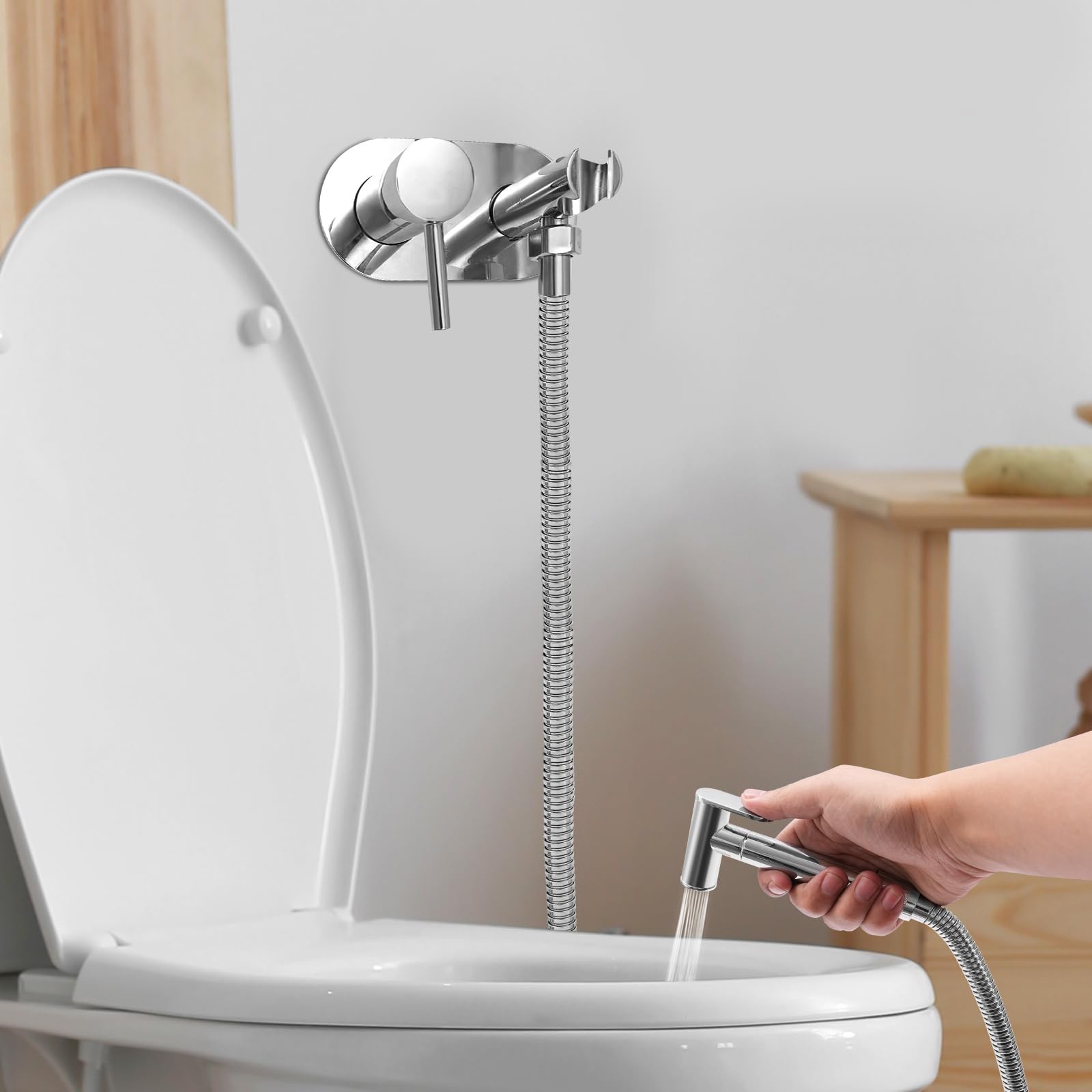 Set per bidet doccetta in acciaio inox con tubo a molla e pressione regolabile per bidet per WC, tubo cromato bidet rubinetti per WC, igiene personale e bagno di animali domestici