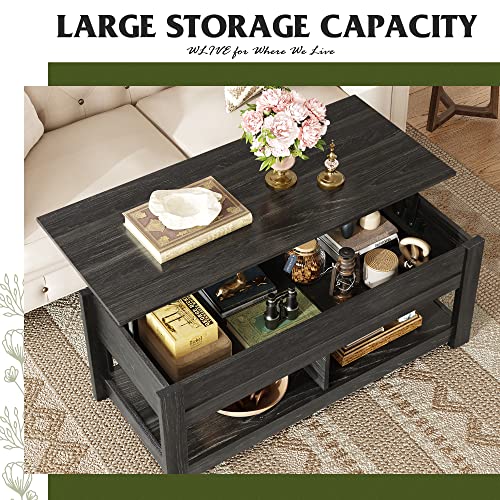 Image of WLIVE Modern Lift Top Coffee Table,Rustic Coffee Table with Storage Shelf and Hidden Compartment,Wood Lift Tabletop for Home Living Room,Black