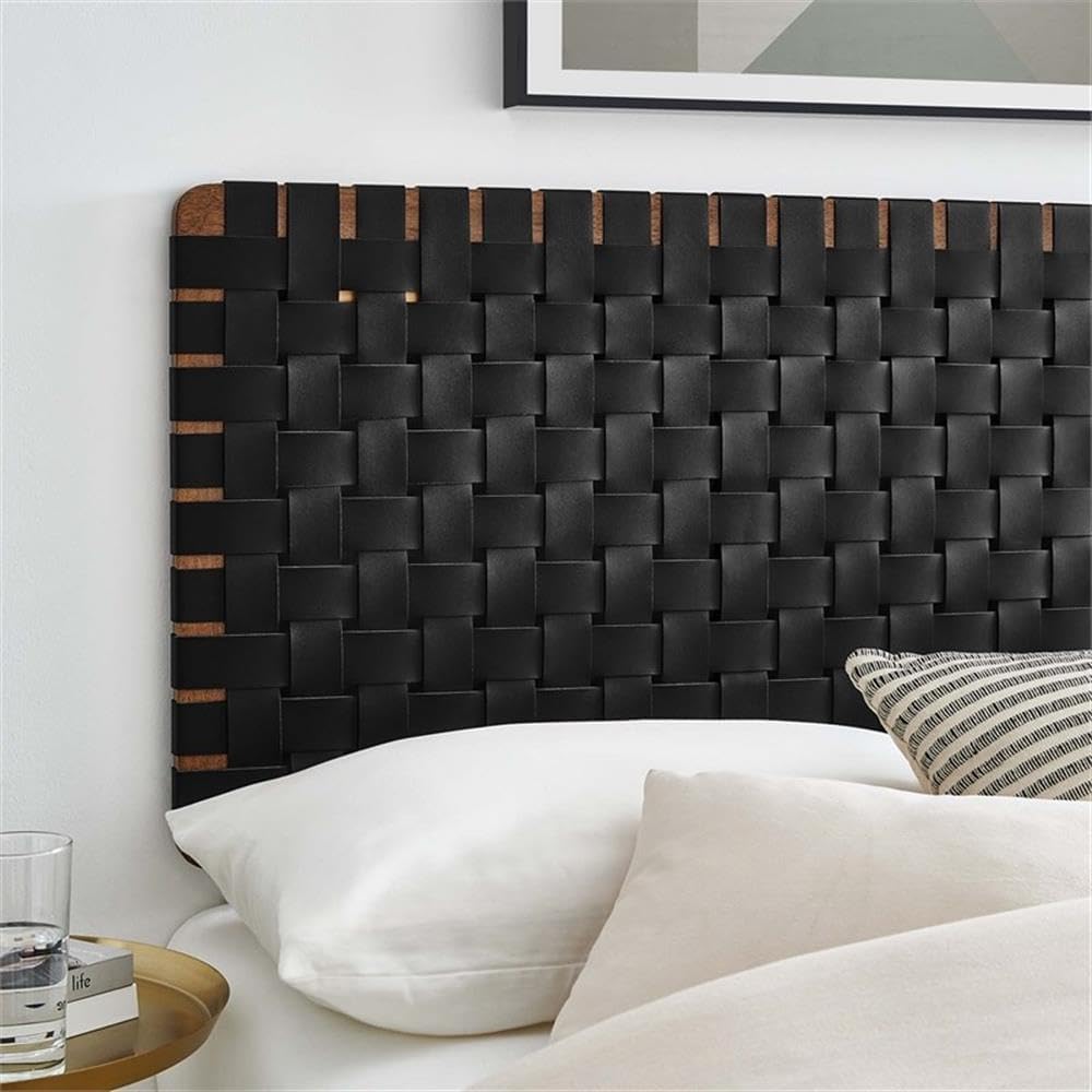 Pemberly Row Full Headboard, Vegan Leather Basketweave, Walnut Black Finish, Solid Wood Frame, Adjustable Wall-Mount Design, Space-Saving Bedroom Furniture