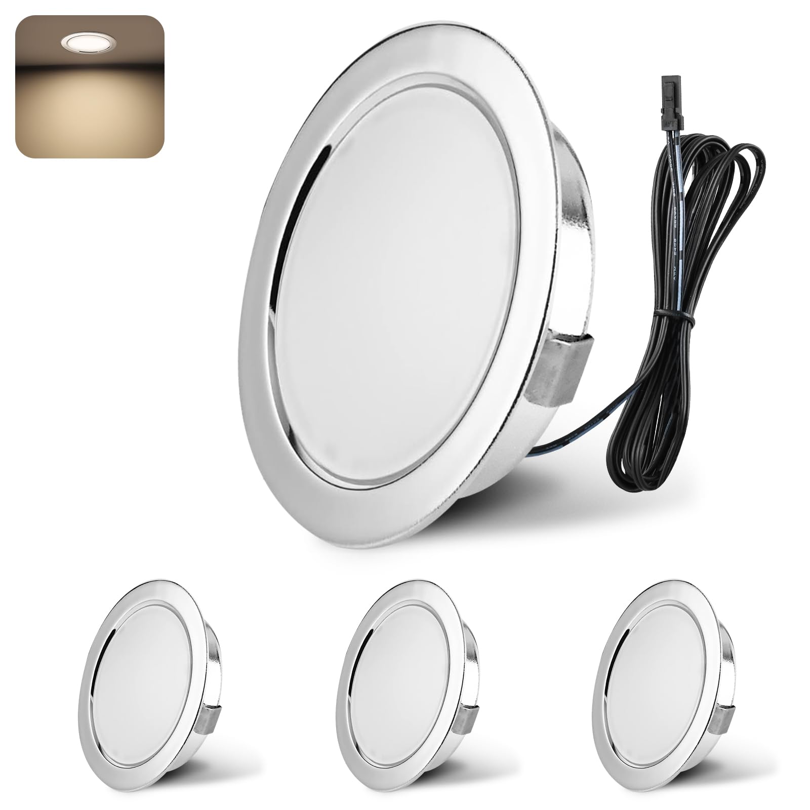 YindaLux LED Recessed Spotlights 12V 4000K Neutral White IP44 LED Spot Dimmable 3W Recessed Lights 55-58mm Hole Size Downlight for Caravans, Kitchens, Wardrobes, Aluminum, Chrome, Set of 4