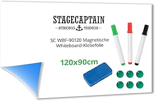 Stagecaptain WBF-90120 Magnetische Whiteboard-Klebefolie - Magnetische, beschreibbare Folie zum Ankleben - Größe: 90 x 120 cm - Inkl. Markern, Magneten und Trockenlösch-Schwamm - Weiß