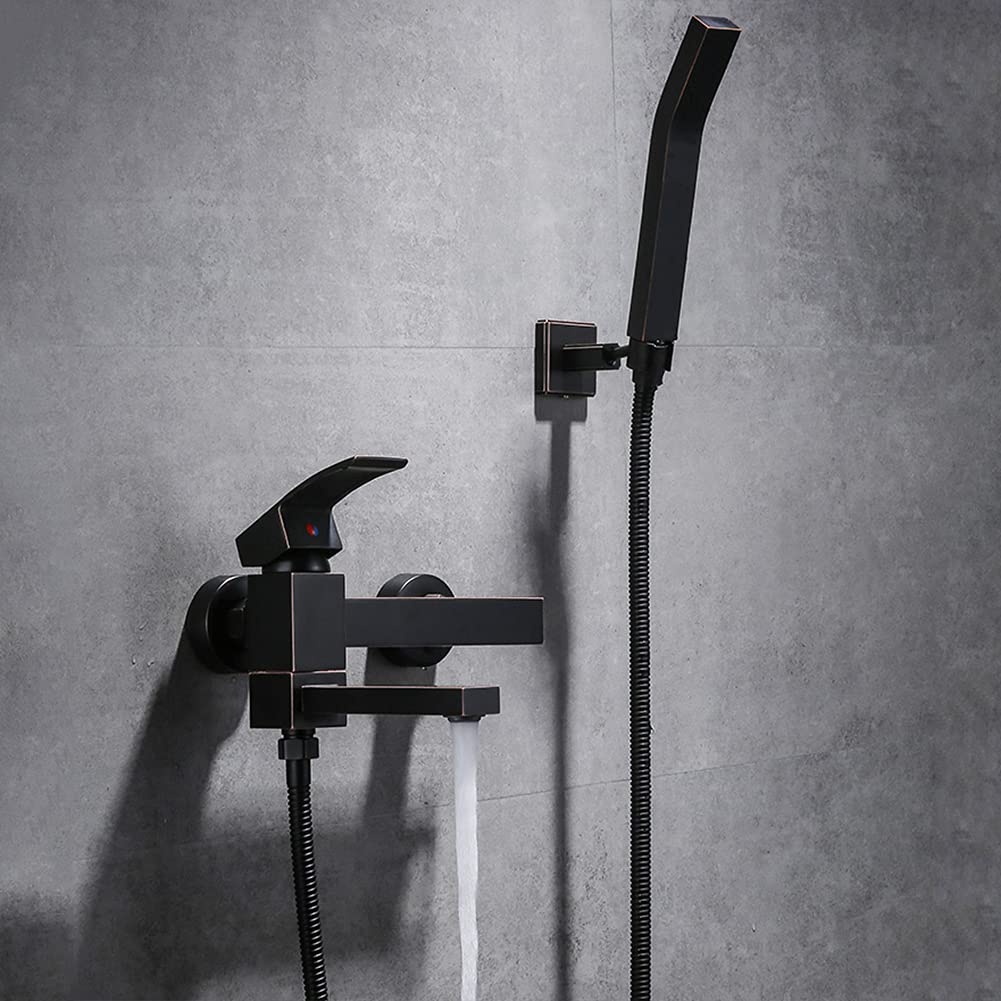 Moderno grifo de bañera montado en la pared con ducha de mano, grifo mezclador de latón, manguera de 150 cm, elegante acabado negro, ideal para mejorar el baño y experiencia de lujo de spa.