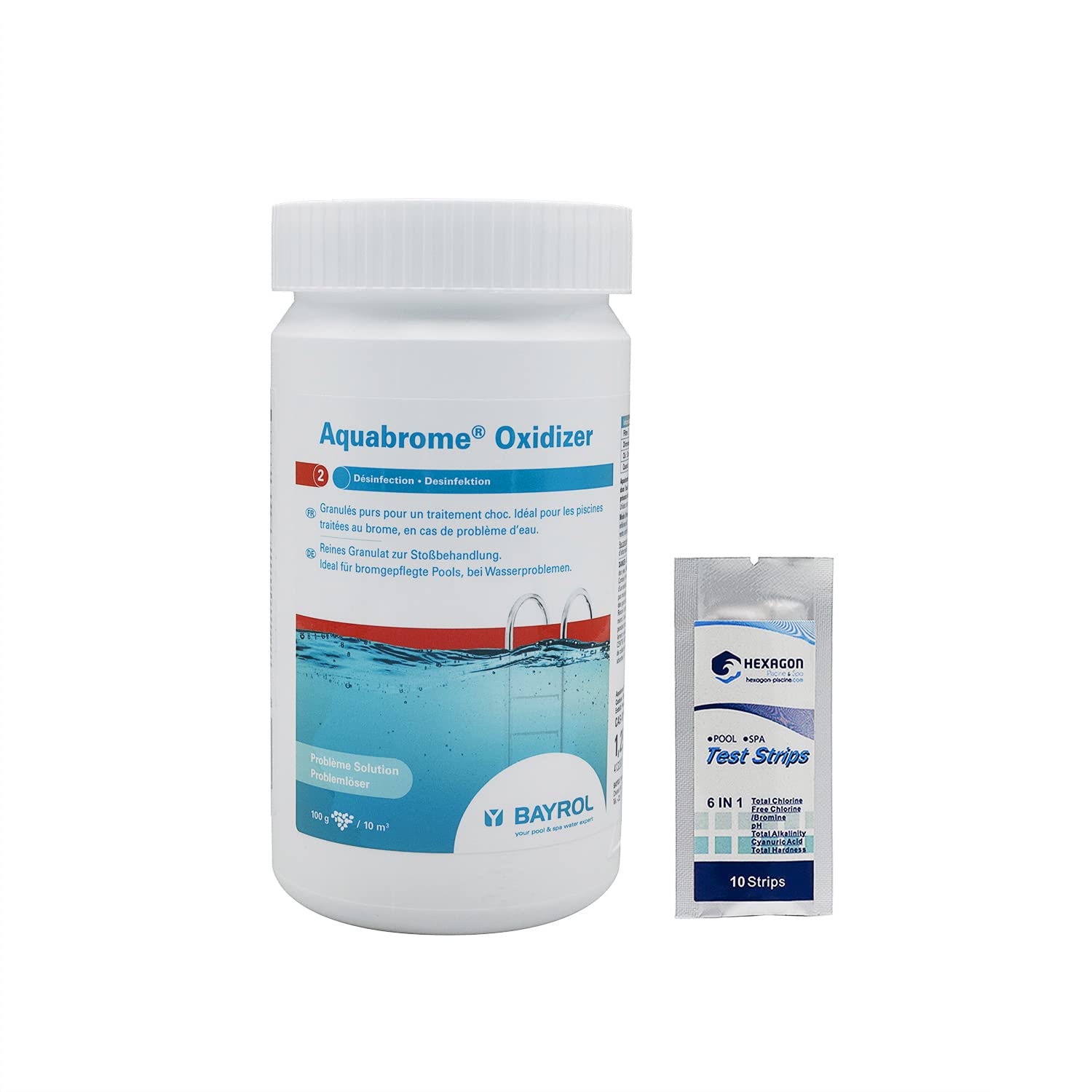 BAYROL AQUABROME Regenerator/Oxidizer - 1,25kg | Activateur de Brome - Oxygène Actif Choc - Désinfection Choc sans Chlore - Dissolution Rapide + 10 Tests HPS OFFERTS 6 en 1