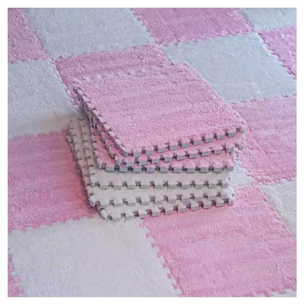 Pogrubiona pluszowa piankowa maty podłogowe – 30 cm x 30 cm, miękkie, antypoślizgowe płytki dywanowe, puzzle (8 szt., różowe i białe), puszysty dywan do pokoju zabaw dla dzieci i dekoracji domu