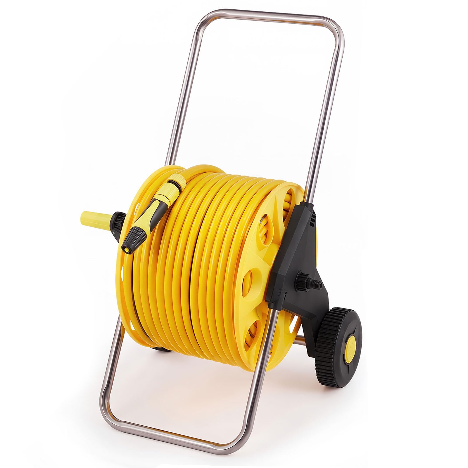 The Fellie Garden Hose Reels Cart with 50M Hosepipe, Portable Hose Pipe Reel for Garden with Water Spray Gun & 2 Wheels, Manual Retractable Outdoor Hose Reel Set for Patio & Car Cleaning