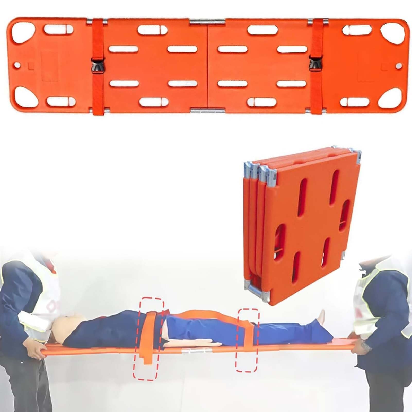 SGKOMN Foldable Spine Board Stretcher, EMT Transfer Backboard for Patient, 4-Fold Design, Lightweight PE Plastics Ambulance Stretcher, for Patient Transfer, Orange
