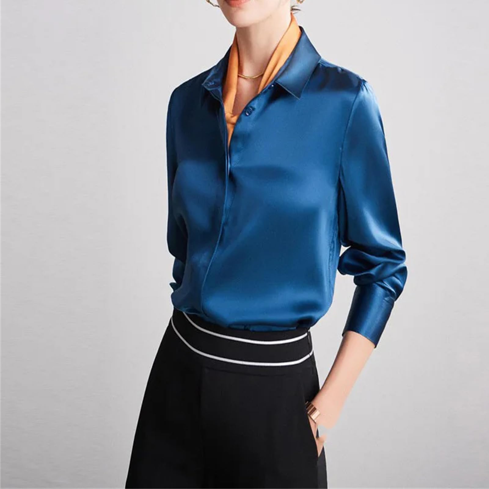 Vogrtcc Blusa de seda para mujer con encaje cosido de manga larga para oficina