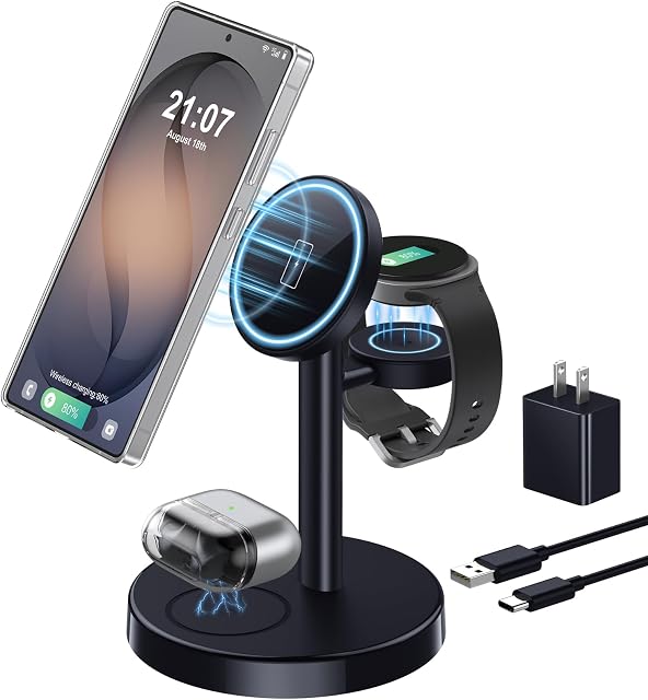 Magnetic Wireless Charger for Samsung, 3 in 1 Super Fast Charging Station Compatible with MagSafe Case, Phone Charger Stand for Samsung Galaxy S26 Ultra S25 Z Fold/Flip 7, Watch Ultra 8 7 6, Buds