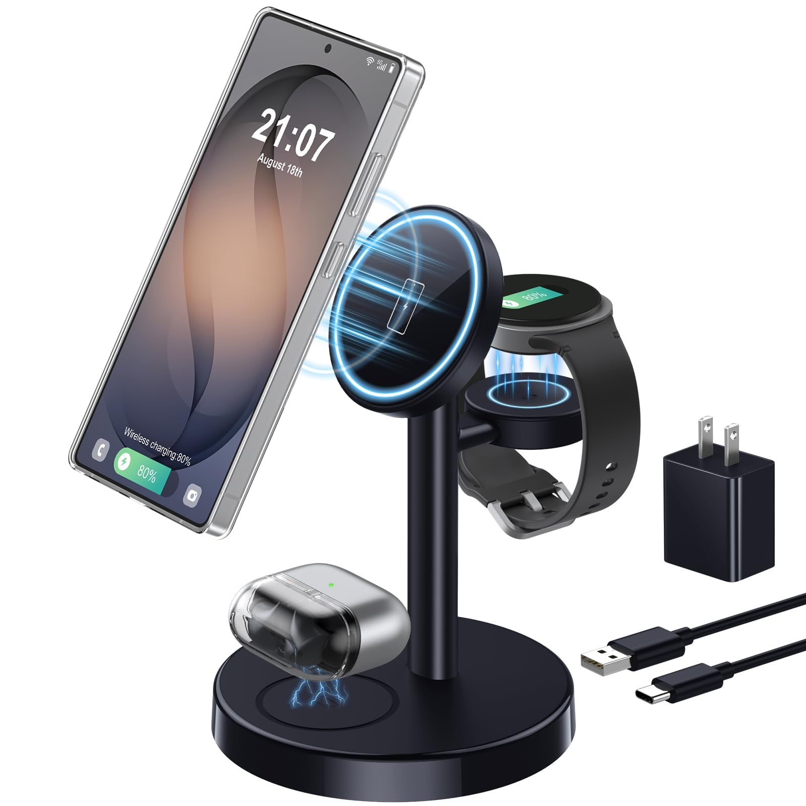 Caricabatterie wireless magnetico per Samsung, stazione di ricarica 3 in 1, compatibile con Samsung Galaxy S25 Ultra S24 S23 Z Fold/Flip 7, caricabatterie rapido per Watch Ultra 8 7 6 Buds 3/Pro