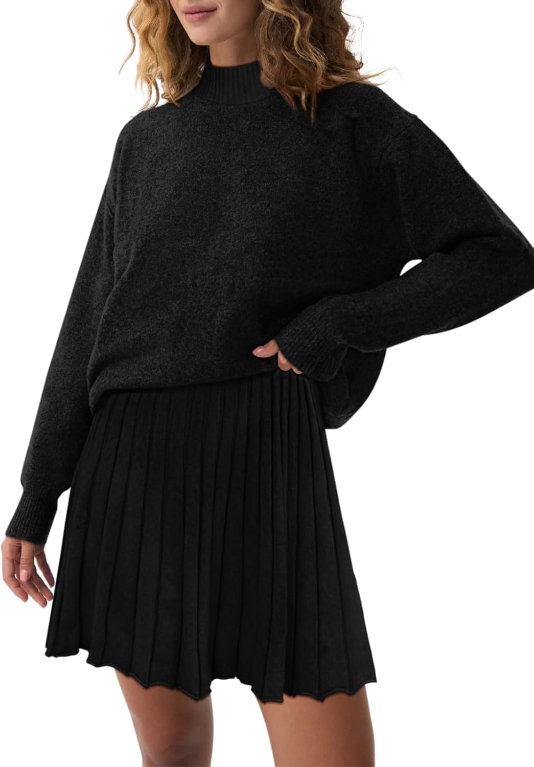 Women's Two Piece Outfits Turtleneck Long Sleeve Ribbed Knit Tops Pleated Mini Skirt 2026 Casual Sweater Sets - Image 4