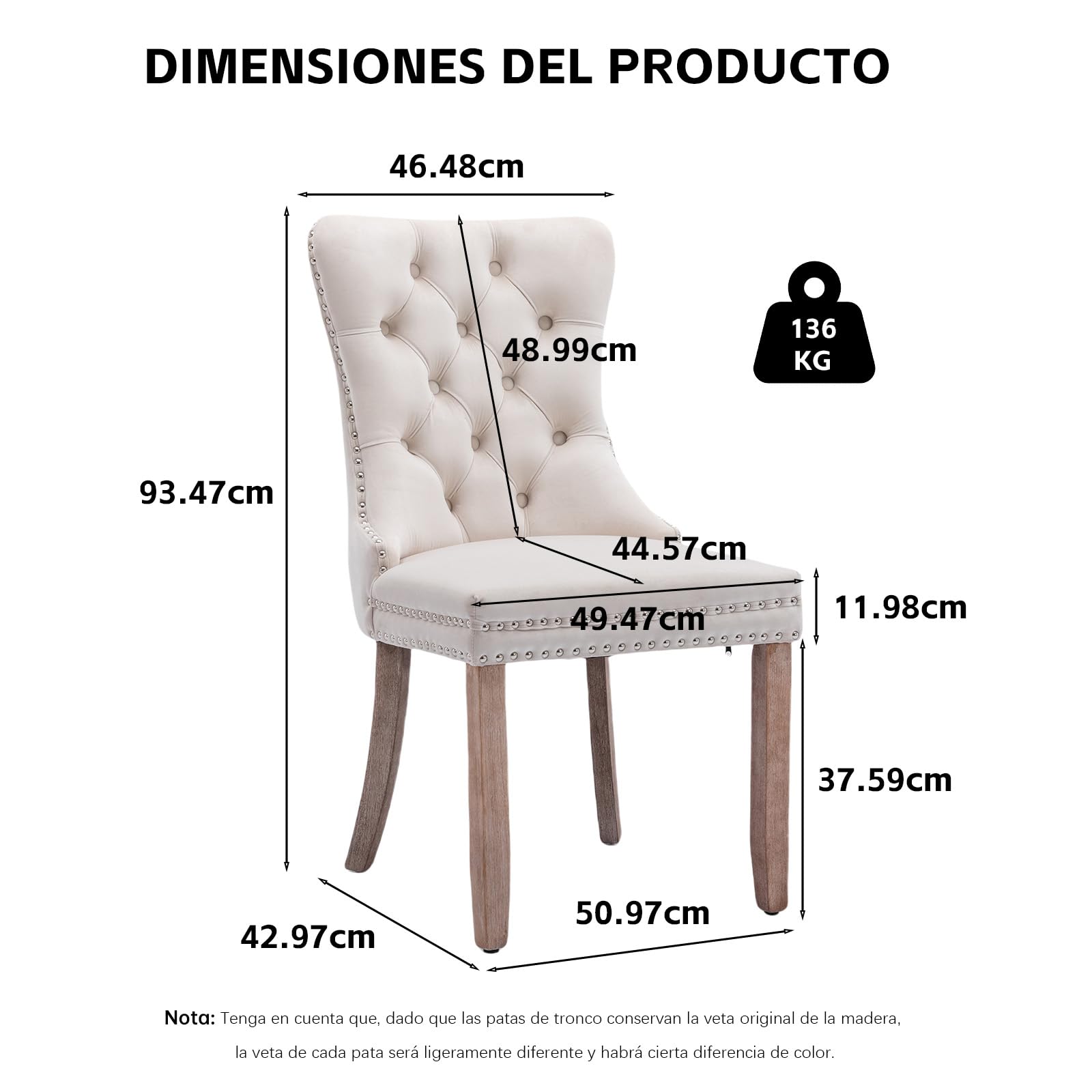 Sillas de Comedor Tapizadas en Terciopelo, Estilo Moderno, Silla de Cocina con Tachuelas y Anilla Metálica, Patas de Madera Natural, Juego de 4, Beige