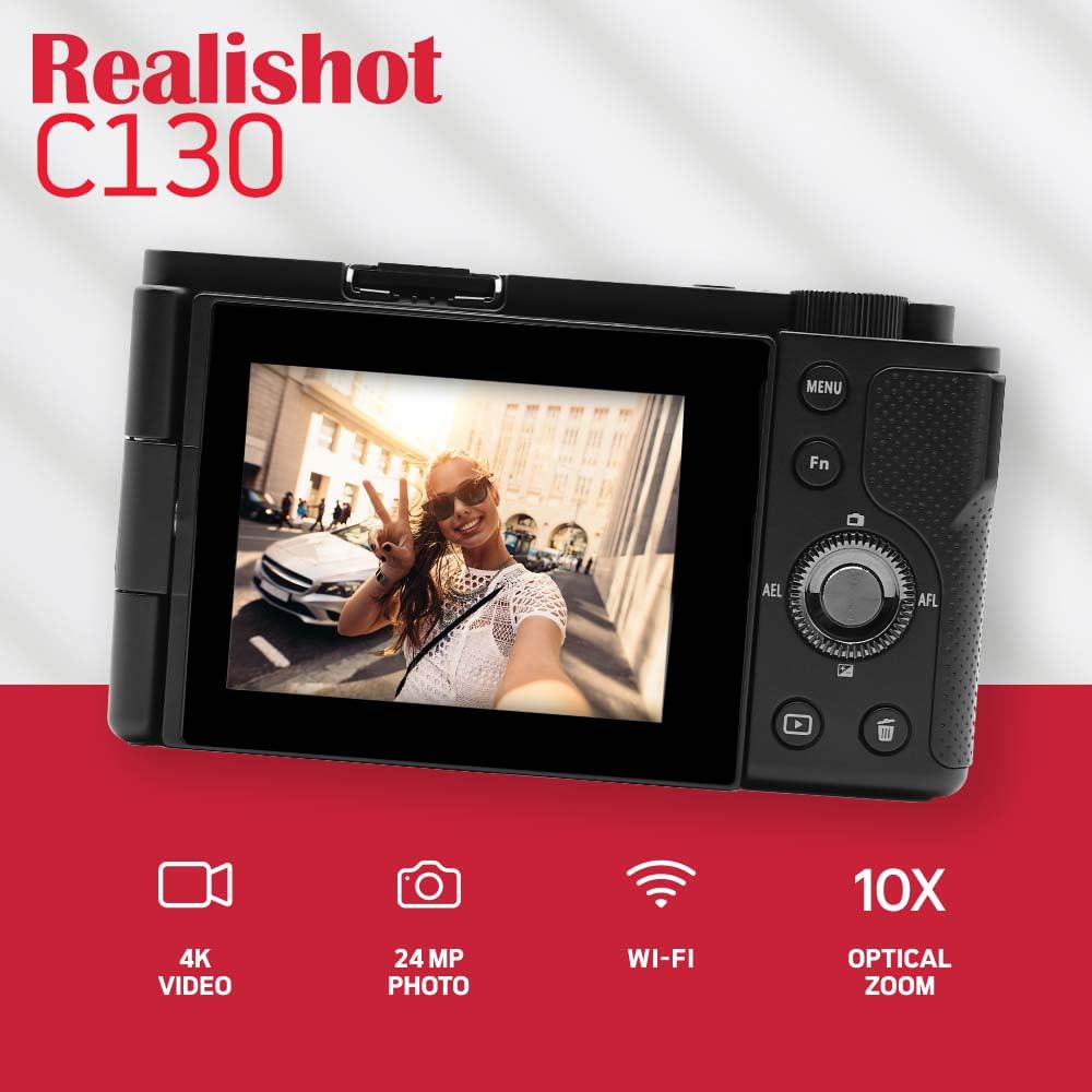 AgfaPhoto Realishot C130 - Cámara digital compacta de 16 MP con sensor CMOS, pantalla táctil LCD de 2,8", estabilización de imagen, enfoque automático, zoom, batería recargable + tarjeta SD de 32 GB +