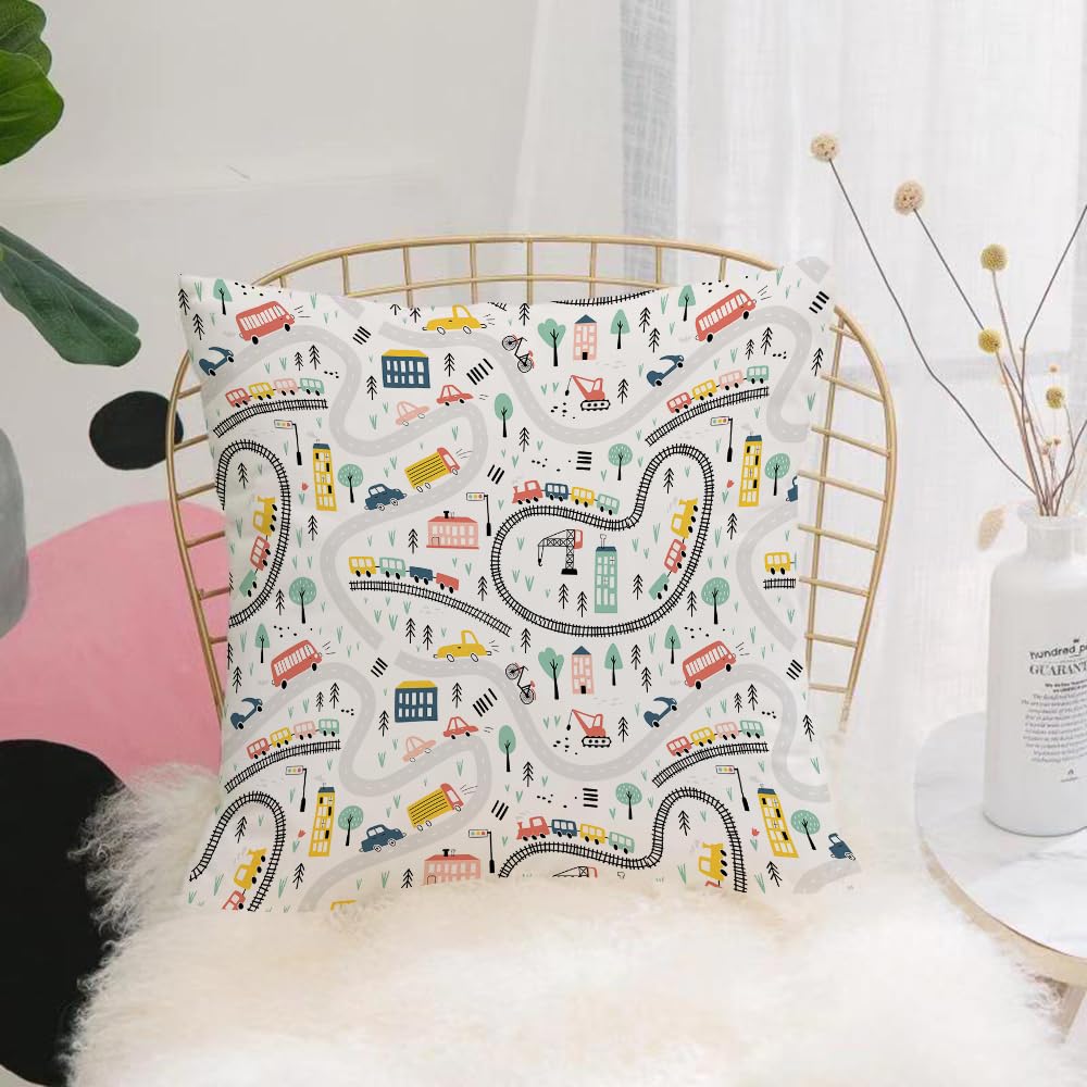 Hyosxw Seamless Pattern With Hand Drawn Cars Trains - A10 Cushion Cover,Throw Pillow Case Home Decorative For Living Room Bedroom Sofa Chair 18X18 Inch,Seamless Pattern With Hand Drawn Cars Trains And Road. Cartoon Background For K,Pillowcase 45X45cm