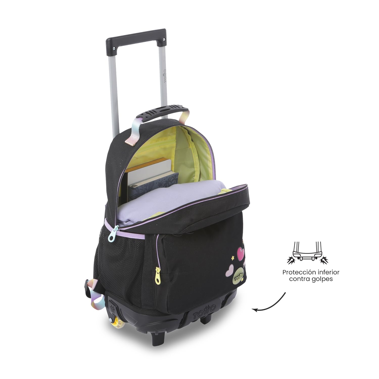 TOTTO - Mochila Escolar con Ruedas, Modelo Glowing Black M, Mochila Mediana, Capacidad 23 L, Bolsillos Botella, 2 Compartimentos Frontales, Protección en la Base, Correas Ajustables, Estampado Negro