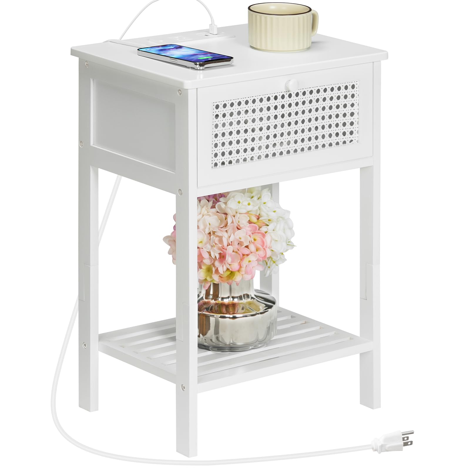 HOOBRO Bamboo End Table with Charging Station, Rattan Nightstand with Flip-Down Door Drawer, Side Table for Small Space, Sofa Side Table Easy to Assemble, for Bedroom, Living Room, White WT108UBZ01