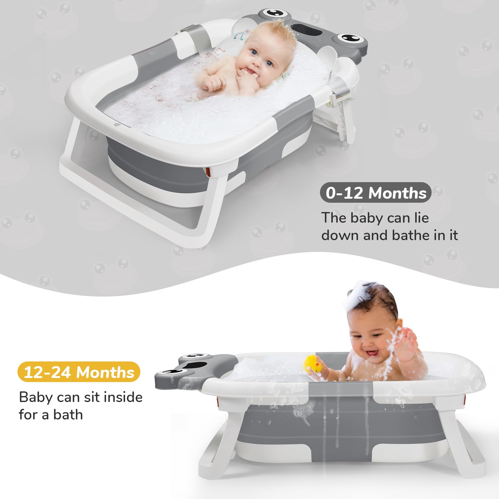 DEANIC - Bañera plegable para bebés con paño para bebés, bañera portátil con cojín de apoyo suave para recién nacidos de 0-3-6-12 meses, bañera plegable para interiores, viajes (gris)