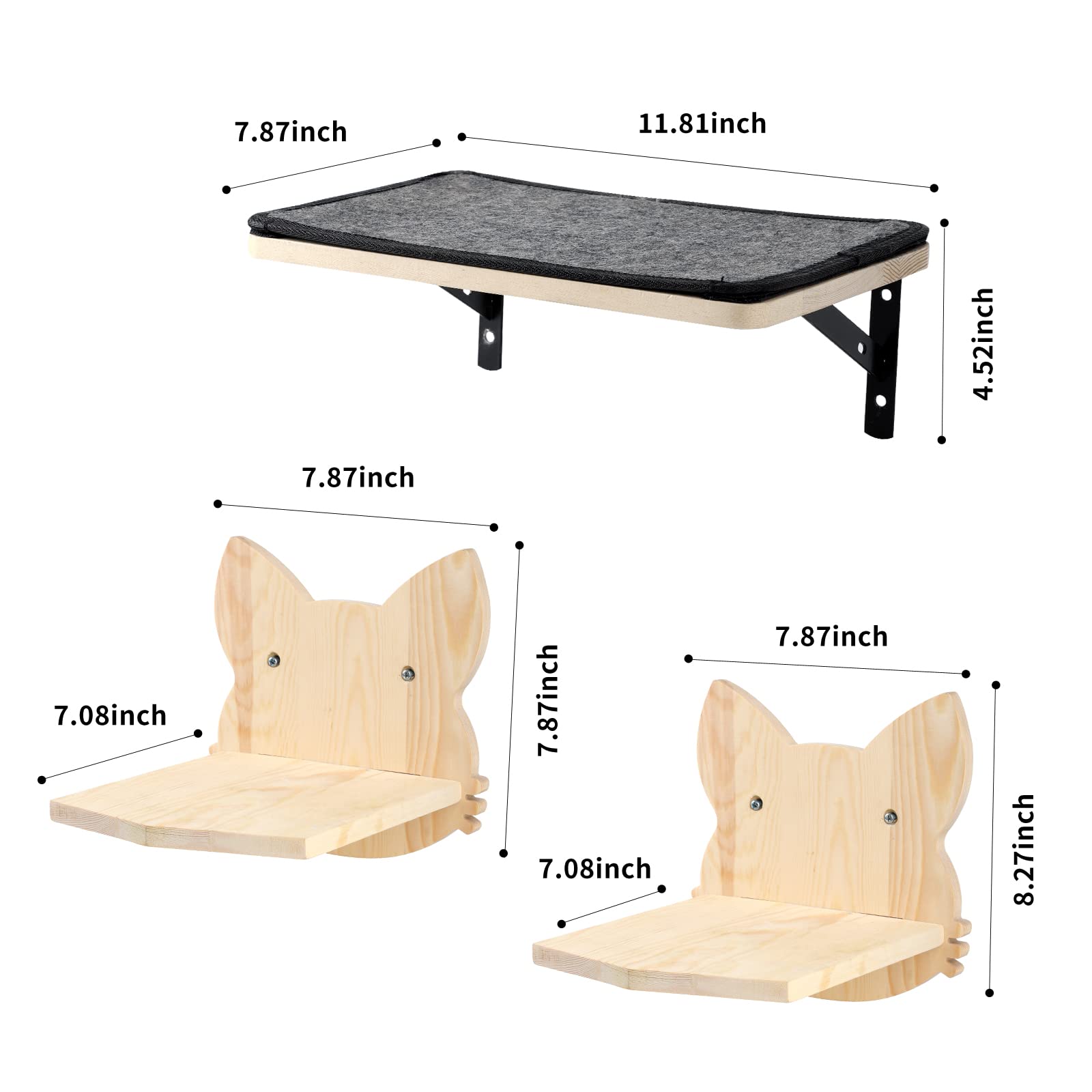 Floating Wall Shelf with Cat Scratching Mat, Solid Rubber Wood Hanging Shelves, Cat Hammock Wall Mounted Cat Shelf with Two Steps for Sleeping, Playing, Climbing, and Lounging