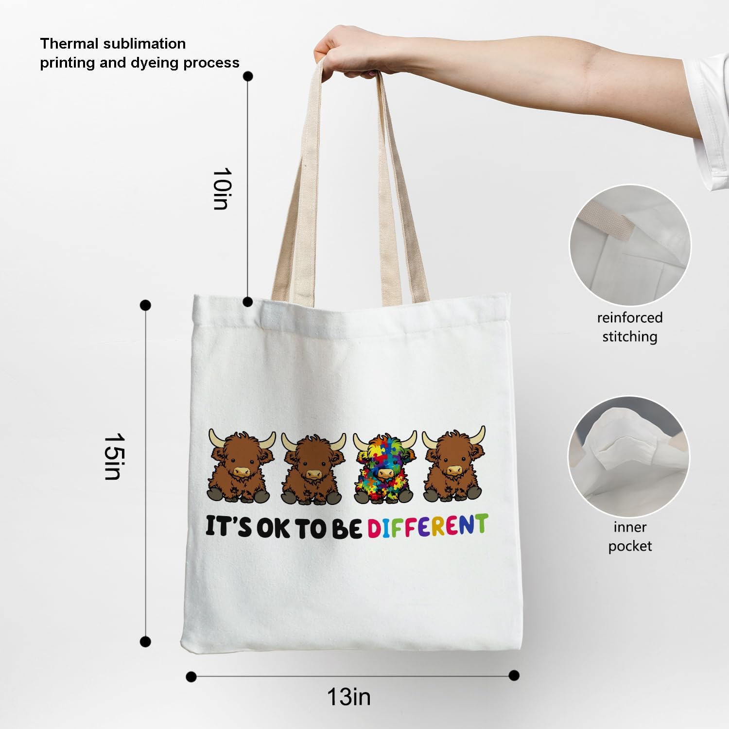 Autism Awareness Highland Cow Tote Bag, Autism Mom Gifts Canvas Tote Bags, Highland Cow Gifts for Women, It's OK to Be Different Autistic Motivational Reusable Grocery Shopping Bags - Image 6