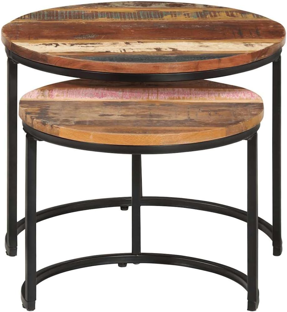 vidaXL Rustic Round Nesting Tables Set of 2 Solid Reclaimed Wood Stacking Multicolor with Powder Coated Iron Frame Ideal for Living Room and Bedroom Indoor Use Wooden Table Coffee Couch Accent