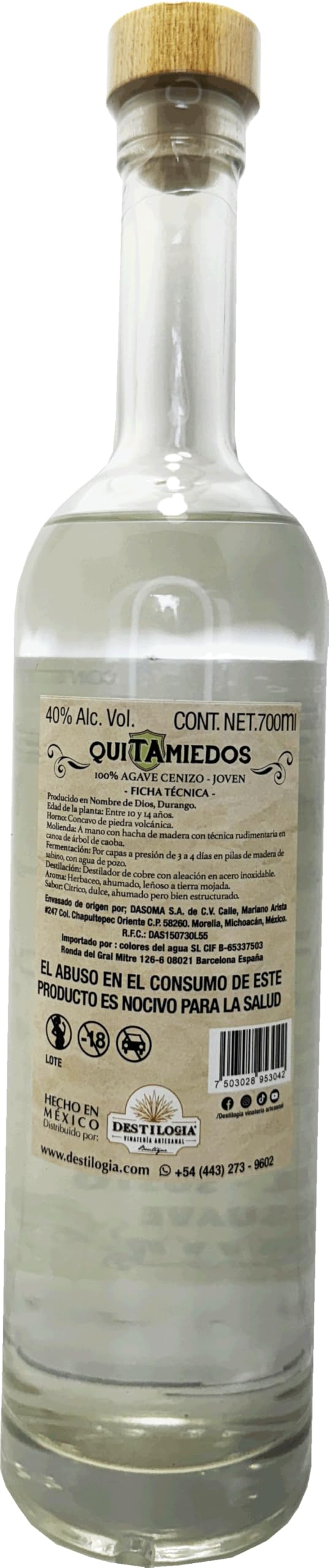 Mezcal Quitamiedos 100% Agave Cenizo Joven 40% ALC. VOL. 700ML