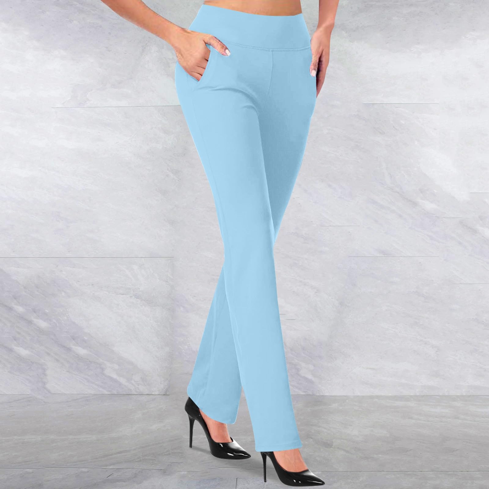 Pull Up Dress Pants Women Tummy Control Stretchy Yoga Pant High Waist Stretchy Bootcut Regular Pant for Office Business Light Blue