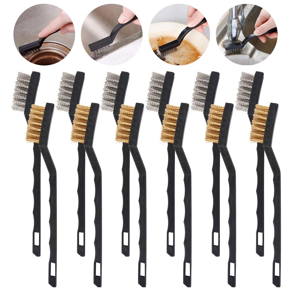 12 Pcs Mini Wire Brush Set, 6 Stainless Steel & 6 Brass Wire Brushes for Cleaning, Small Scratch Brush with Curved Plastic Handle for Rust Removal, Paint Stains, Welding Slag & Metal Work