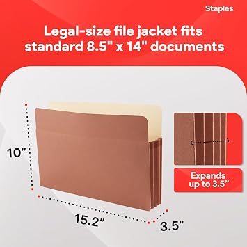 Staples Reinforced Expanding File Pockets, Legal, 3.5 In Expansion, 25/Pk