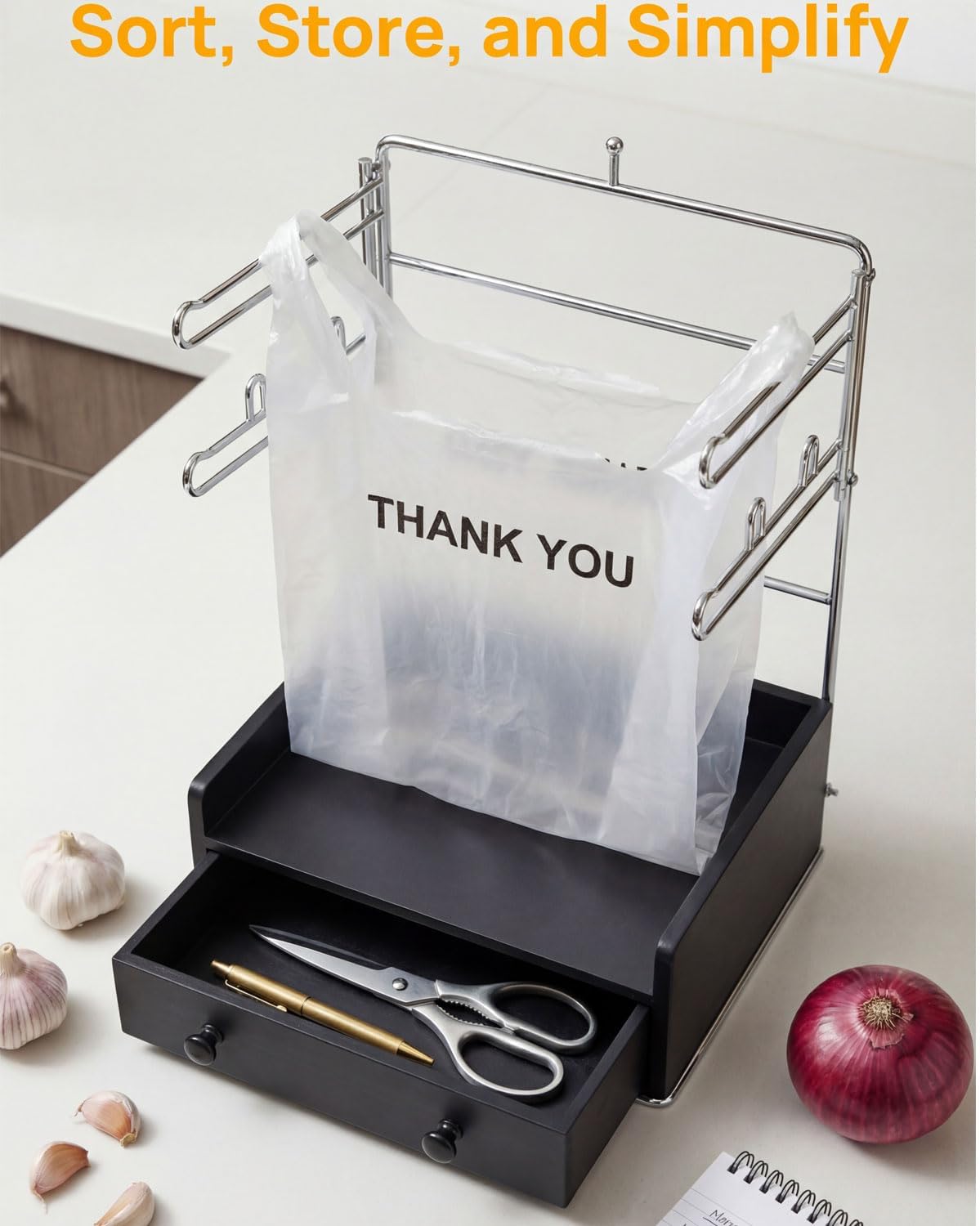 T-shirt Shopping Bag Holder Shopping Bag Dispenser, Grocery Store Plastic Bag Rack, Plastic Bag Organizer with Wooden Drawer Base for Grocery Store, Supermarket, Restaurant, Kitchen, Garage, Business